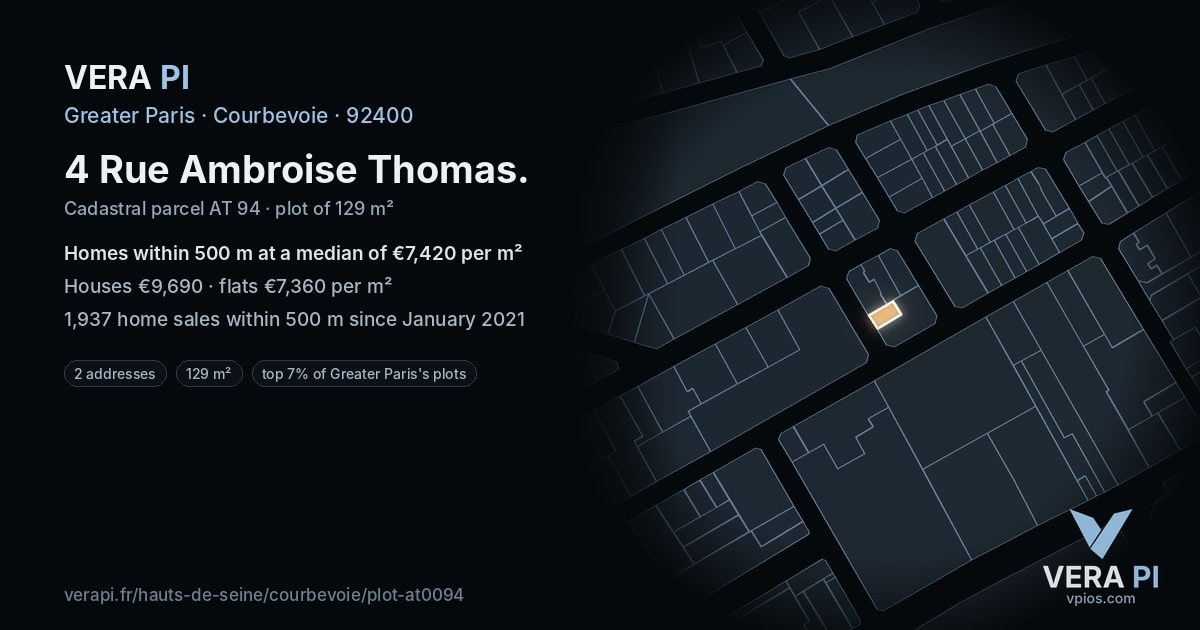 4 Rue Ambroise Thomas, Courbevoie at night – the plot lit, the parcels around coloured by the prices near them