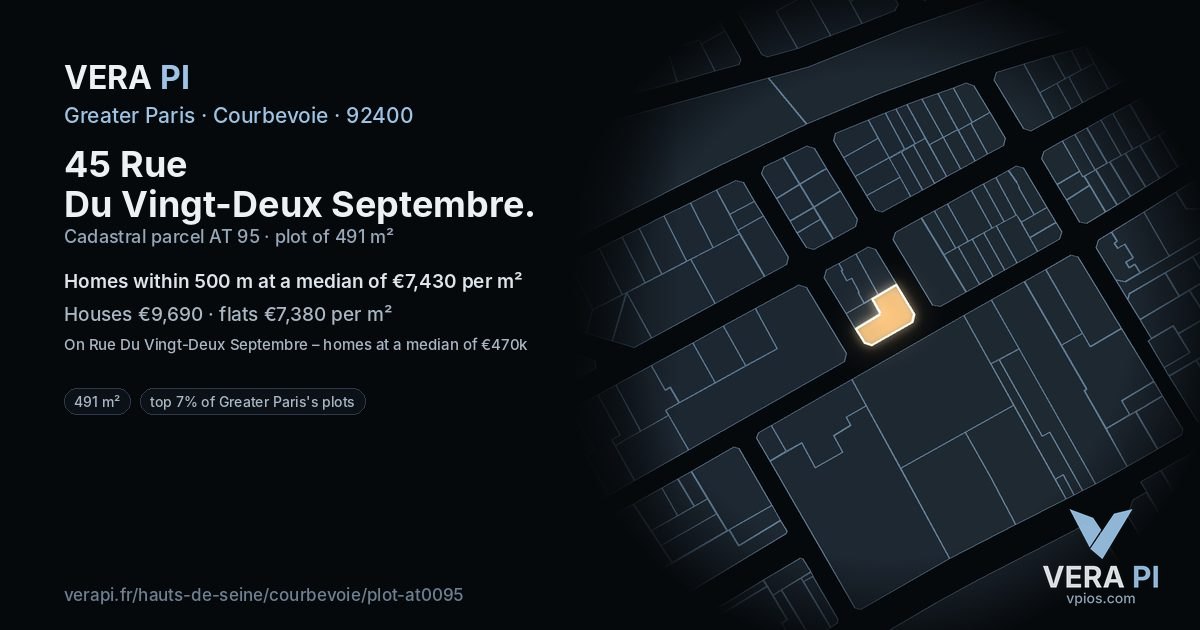45 Rue Du Vingt-Deux Septembre, Courbevoie at night – the plot lit, the parcels around coloured by the prices near them