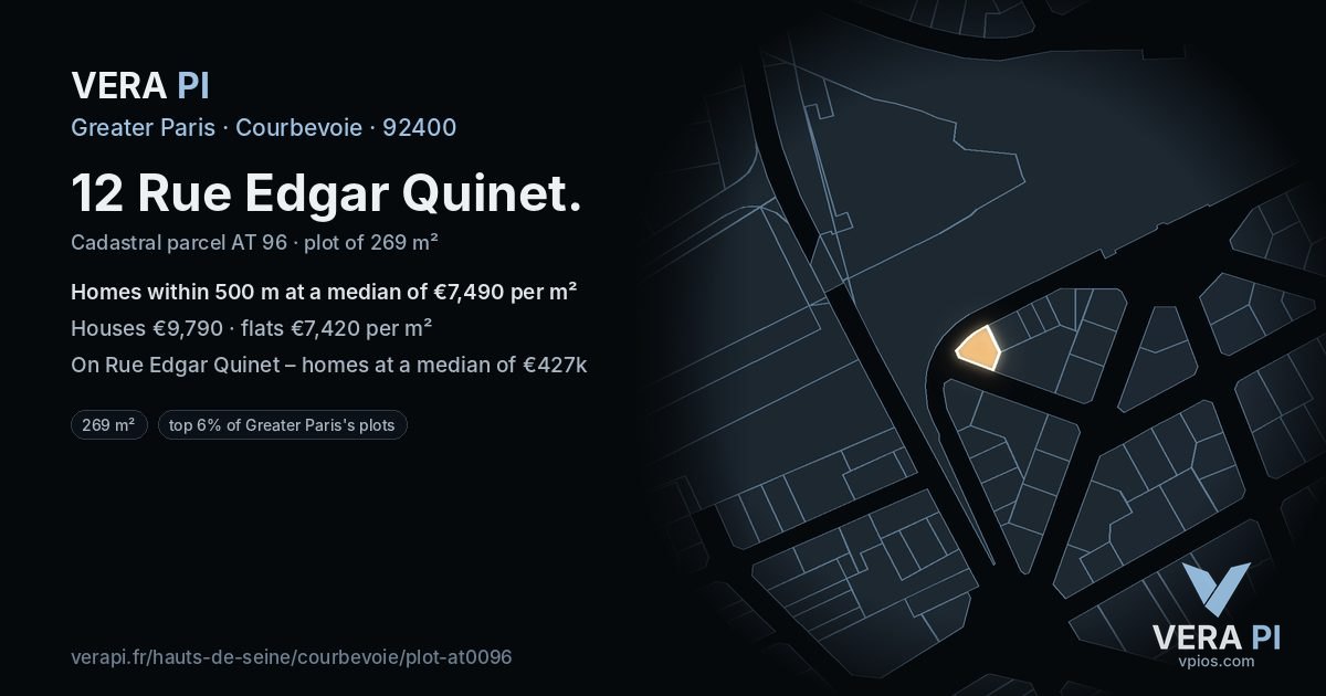 12 Rue Edgar Quinet, Courbevoie at night – the plot lit, the parcels around coloured by the prices near them