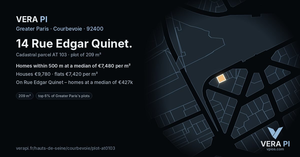 14 Rue Edgar Quinet, Courbevoie at night – the plot lit, the parcels around coloured by the prices near them