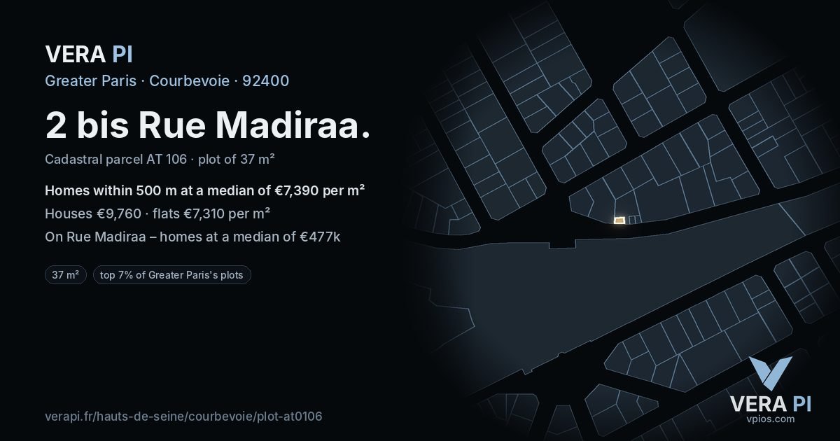 2 bis Rue Madiraa, Courbevoie at night – the plot lit, the parcels around coloured by the prices near them