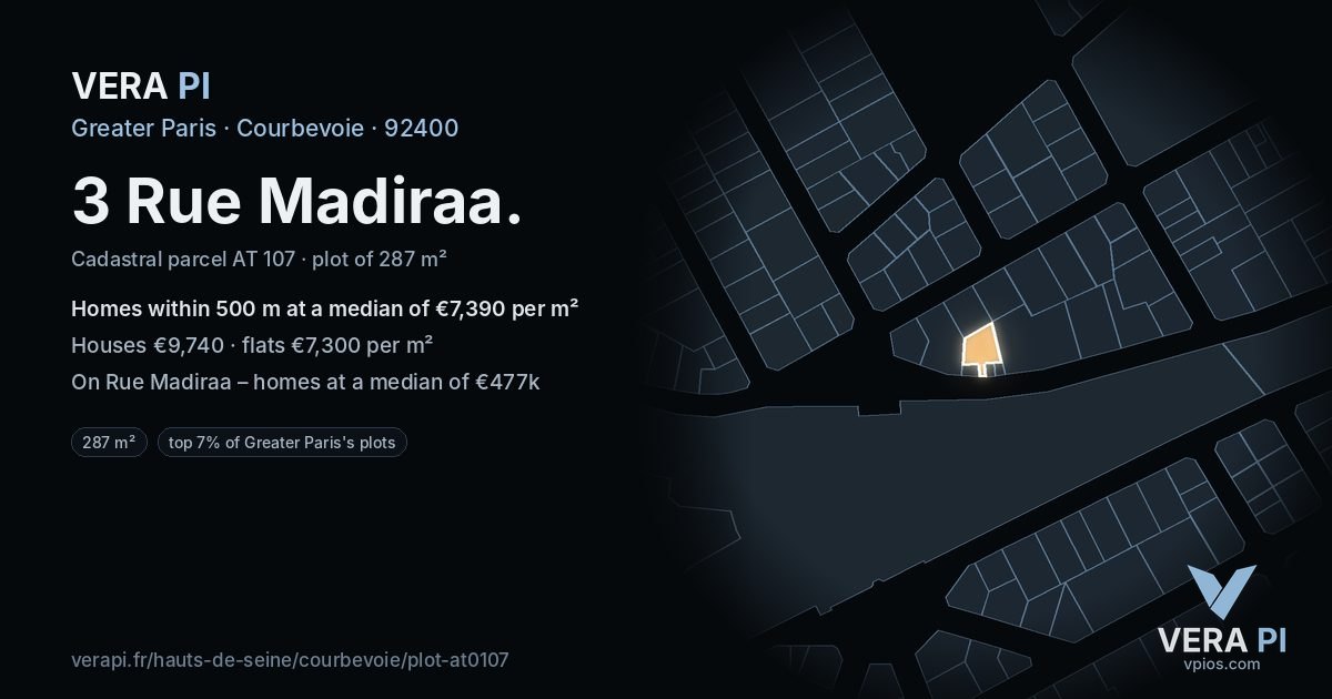 3 Rue Madiraa, Courbevoie at night – the plot lit, the parcels around coloured by the prices near them