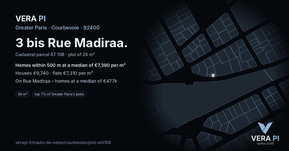3 bis Rue Madiraa, Courbevoie at night – the plot lit, the parcels around coloured by the prices near them
