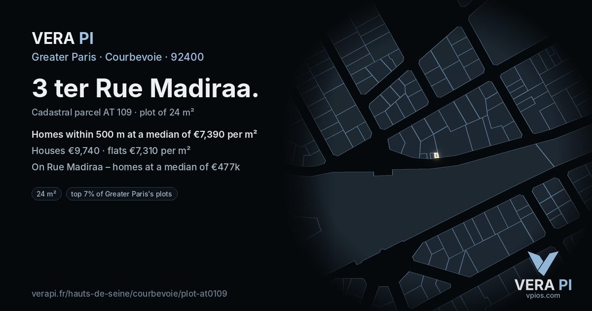 3 ter Rue Madiraa, Courbevoie at night – the plot lit, the parcels around coloured by the prices near them