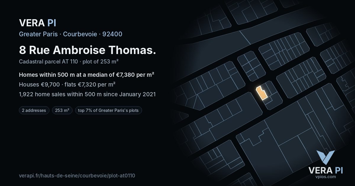 8 Rue Ambroise Thomas, Courbevoie at night – the plot lit, the parcels around coloured by the prices near them