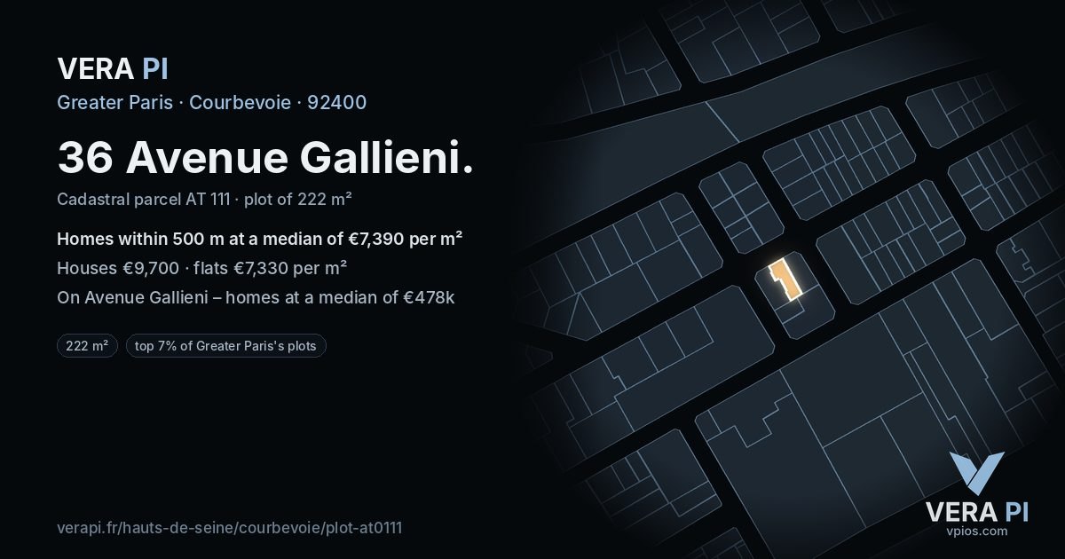 36 Avenue Gallieni, Courbevoie at night – the plot lit, the parcels around coloured by the prices near them