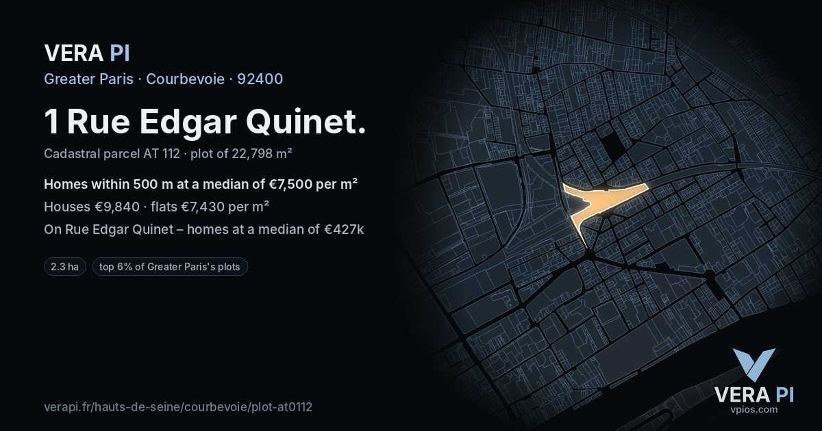 1 Rue Edgar Quinet, Courbevoie at night – the plot lit, the parcels around coloured by the prices near them