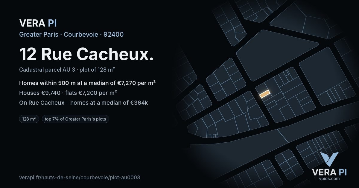 12 Rue Cacheux, Courbevoie at night – the plot lit, the parcels around coloured by the prices near them