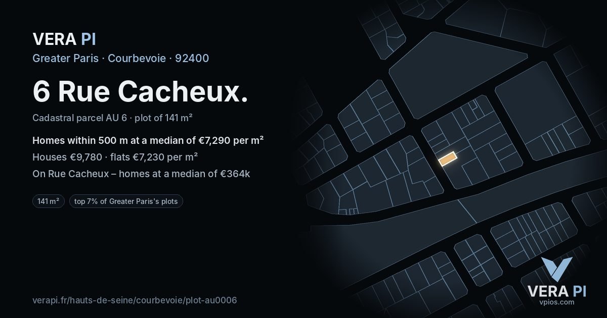 6 Rue Cacheux, Courbevoie at night – the plot lit, the parcels around coloured by the prices near them