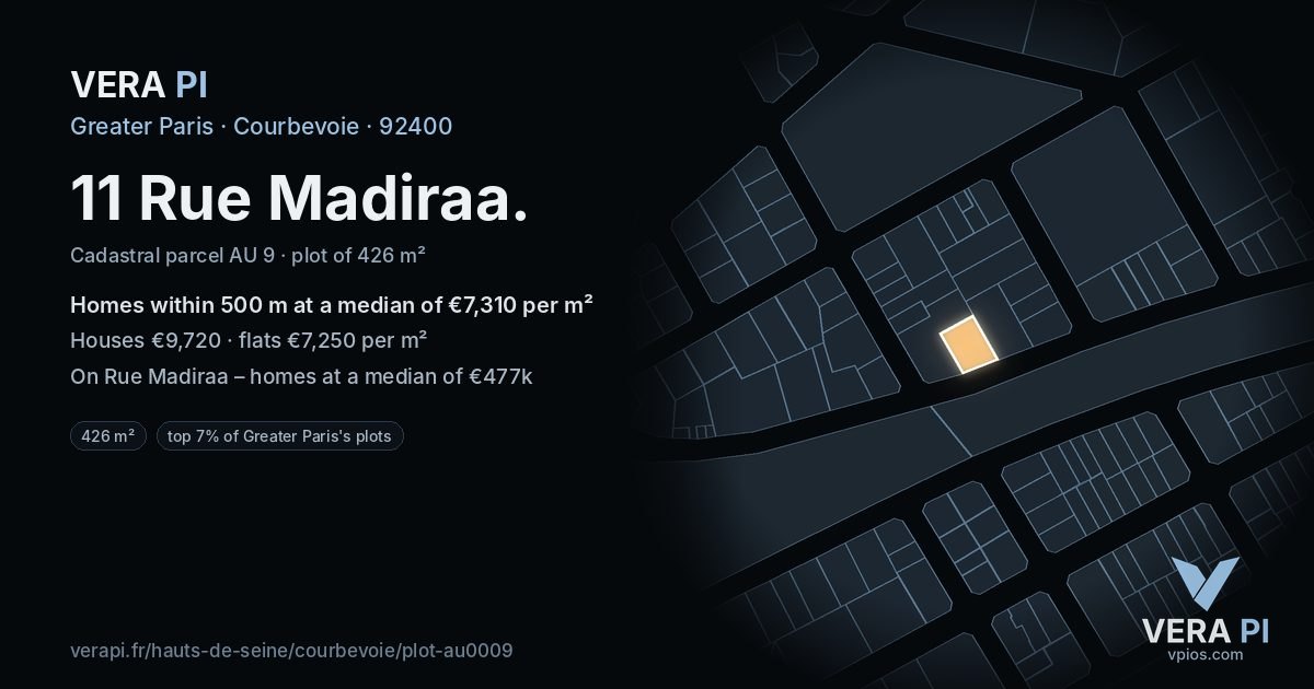 11 Rue Madiraa, Courbevoie at night – the plot lit, the parcels around coloured by the prices near them