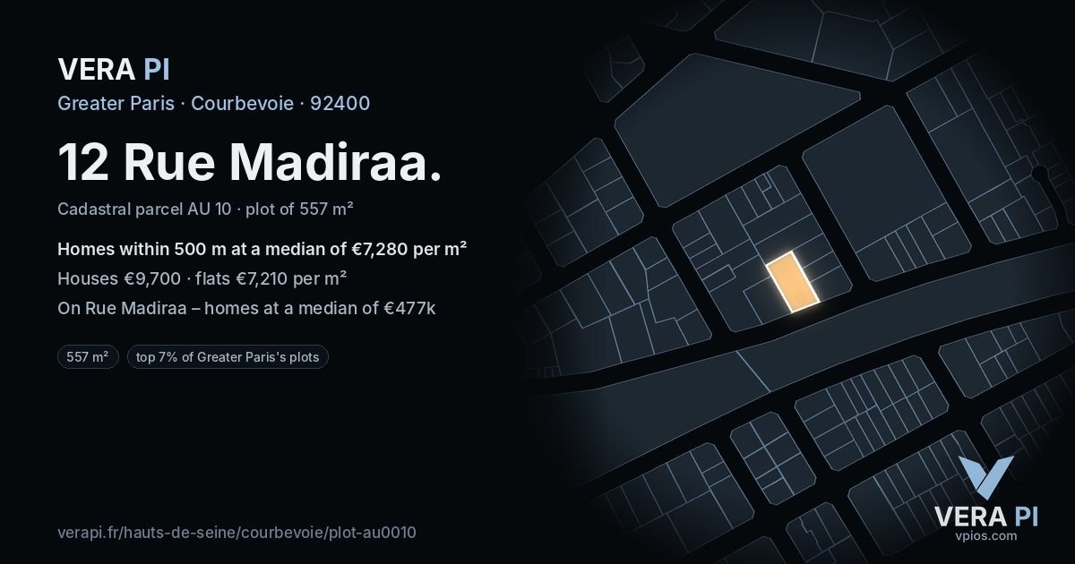 12 Rue Madiraa, Courbevoie at night – the plot lit, the parcels around coloured by the prices near them
