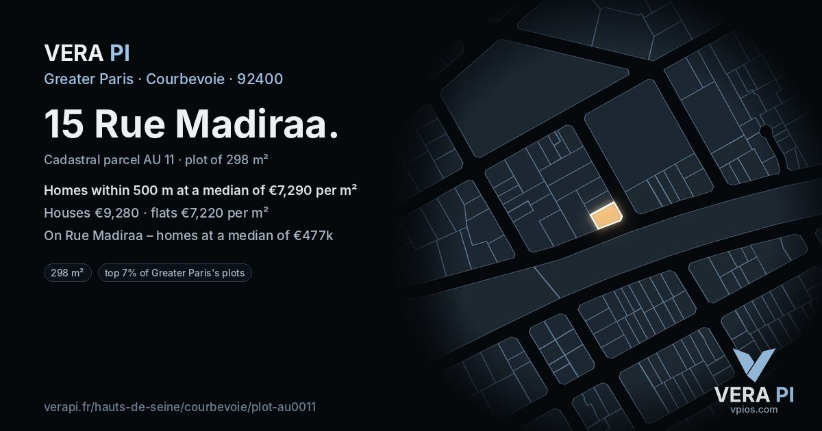 15 Rue Madiraa, Courbevoie at night – the plot lit, the parcels around coloured by the prices near them