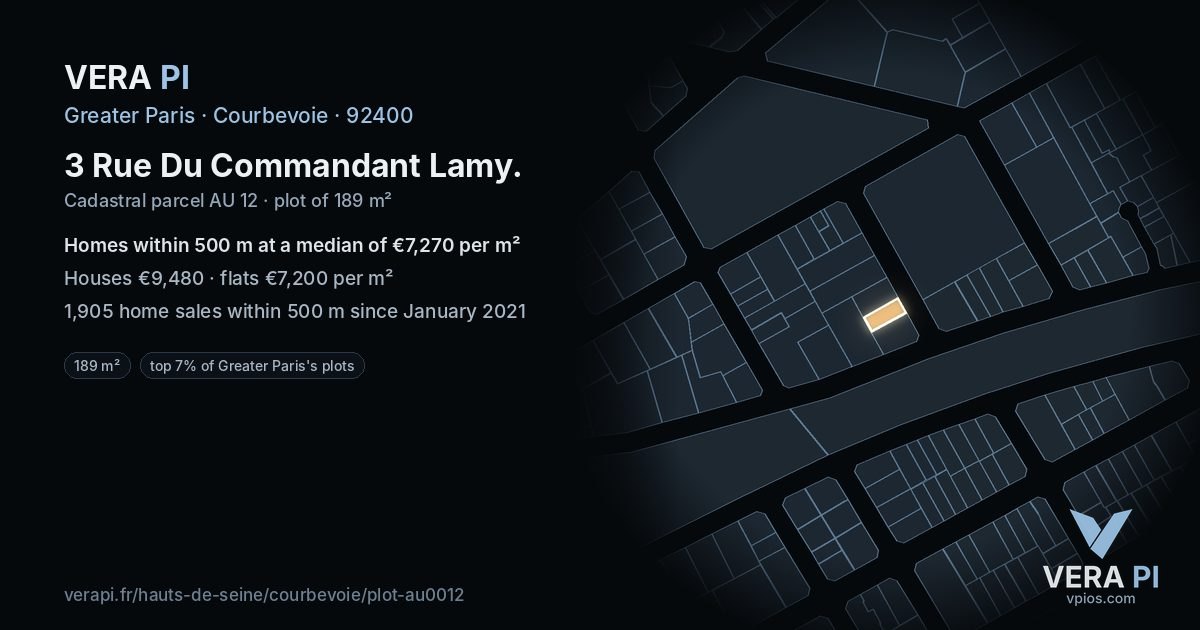 3 Rue Du Commandant Lamy, Courbevoie at night – the plot lit, the parcels around coloured by the prices near them