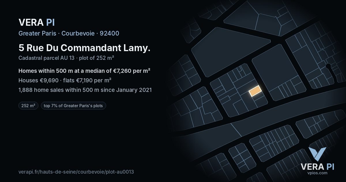 5 Rue Du Commandant Lamy, Courbevoie at night – the plot lit, the parcels around coloured by the prices near them
