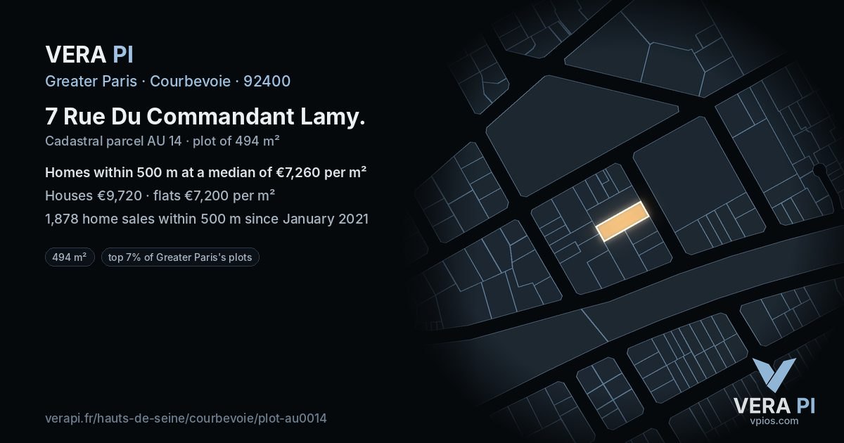 7 Rue Du Commandant Lamy, Courbevoie at night – the plot lit, the parcels around coloured by the prices near them