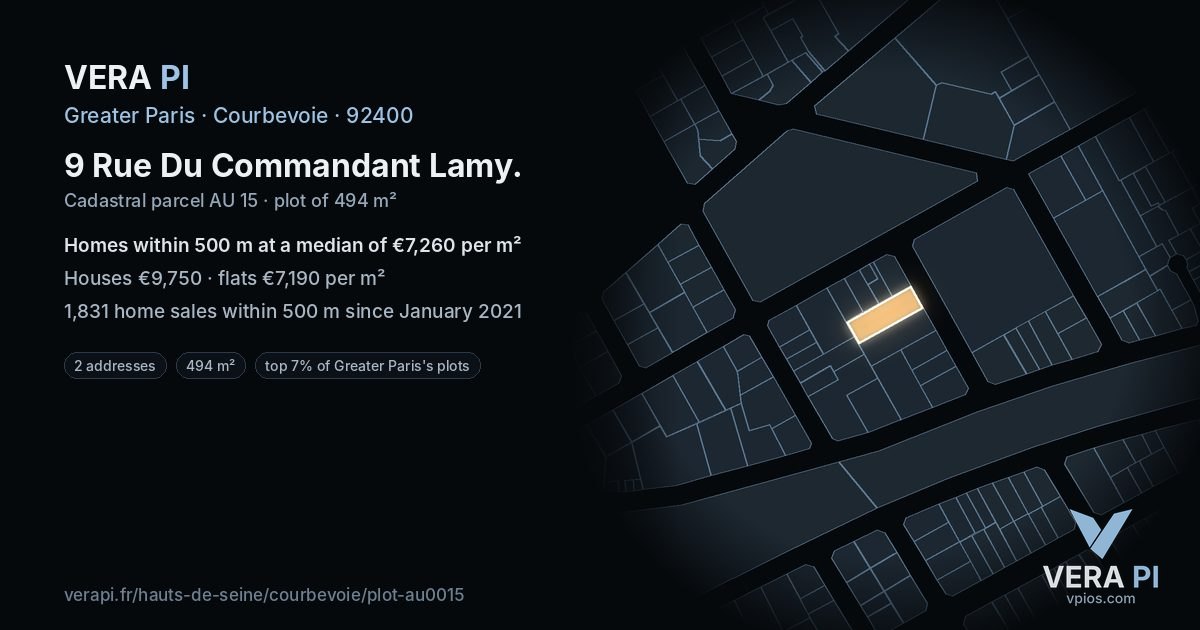 9 Rue Du Commandant Lamy, Courbevoie at night – the plot lit, the parcels around coloured by the prices near them