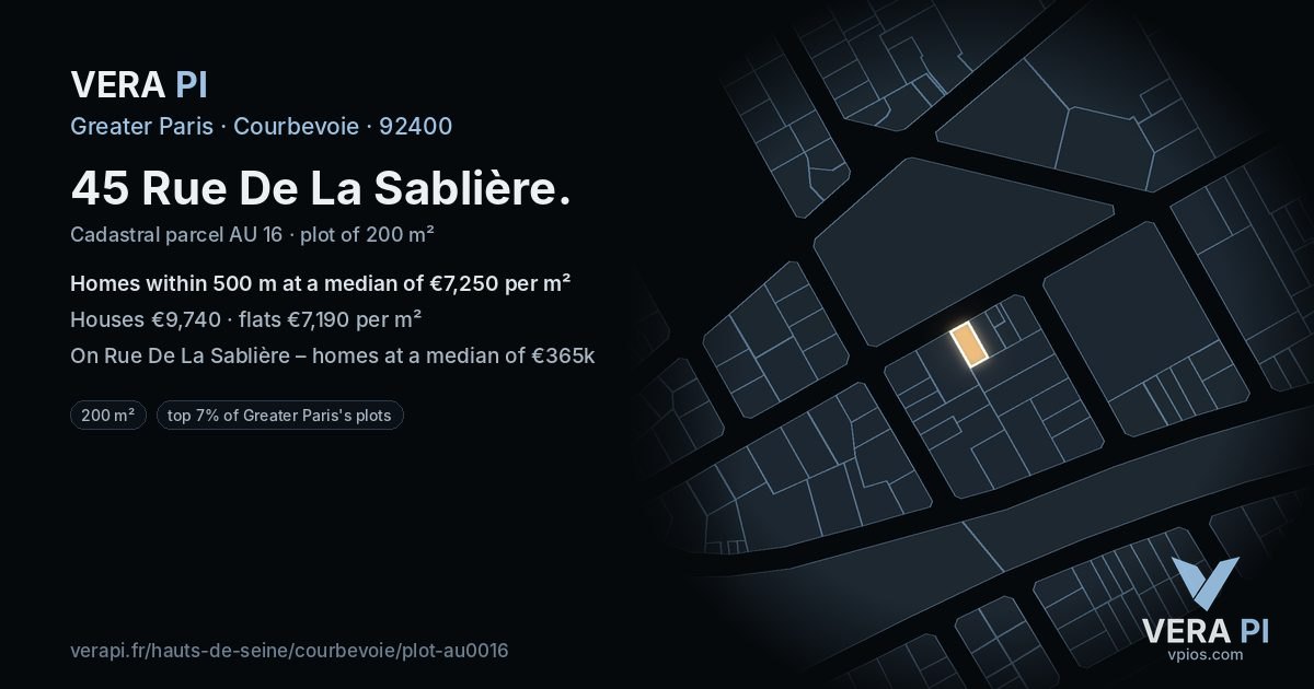 45 Rue De La Sablière, Courbevoie at night – the plot lit, the parcels around coloured by the prices near them