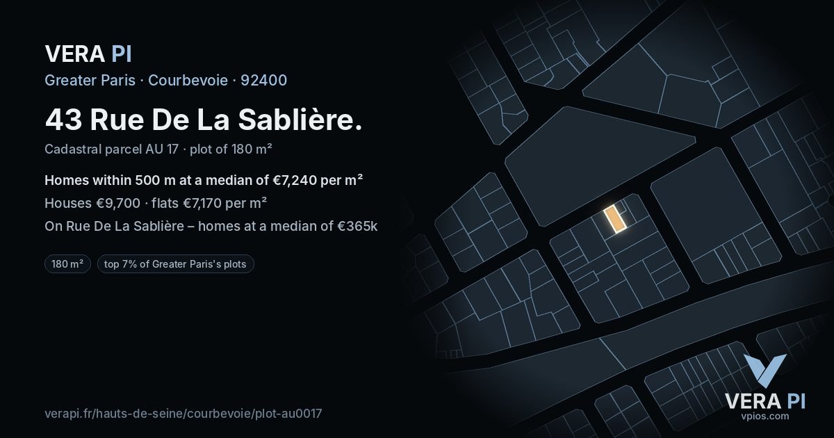 43 Rue De La Sablière, Courbevoie at night – the plot lit, the parcels around coloured by the prices near them