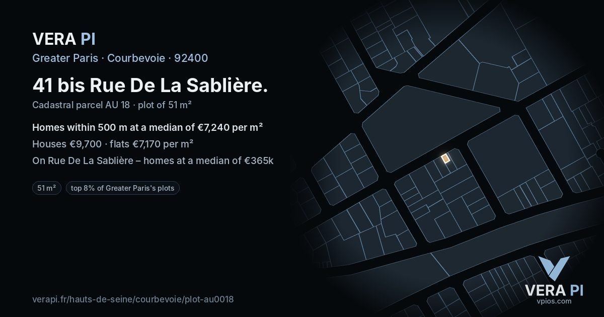 41 bis Rue De La Sablière, Courbevoie at night – the plot lit, the parcels around coloured by the prices near them