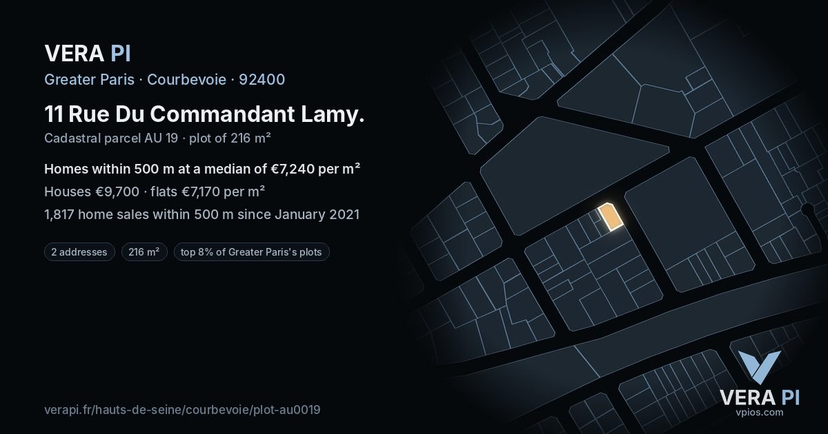 11 Rue Du Commandant Lamy, Courbevoie at night – the plot lit, the parcels around coloured by the prices near them