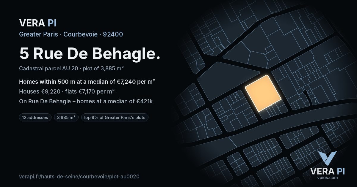5 Rue De Behagle, Courbevoie at night – the plot lit, the parcels around coloured by the prices near them