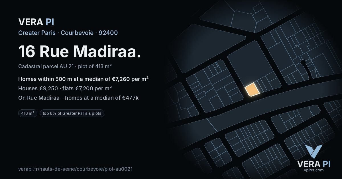 16 Rue Madiraa, Courbevoie at night – the plot lit, the parcels around coloured by the prices near them