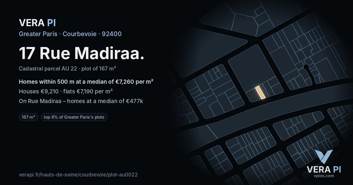 17 Rue Madiraa, Courbevoie at night – the plot lit, the parcels around coloured by the prices near them