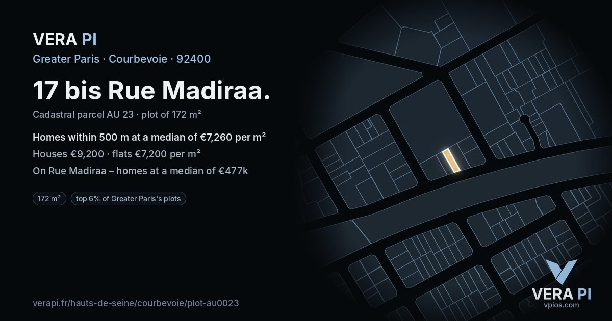 17 bis Rue Madiraa, Courbevoie at night – the plot lit, the parcels around coloured by the prices near them