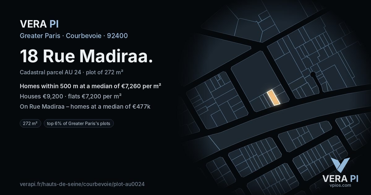 18 Rue Madiraa, Courbevoie at night – the plot lit, the parcels around coloured by the prices near them