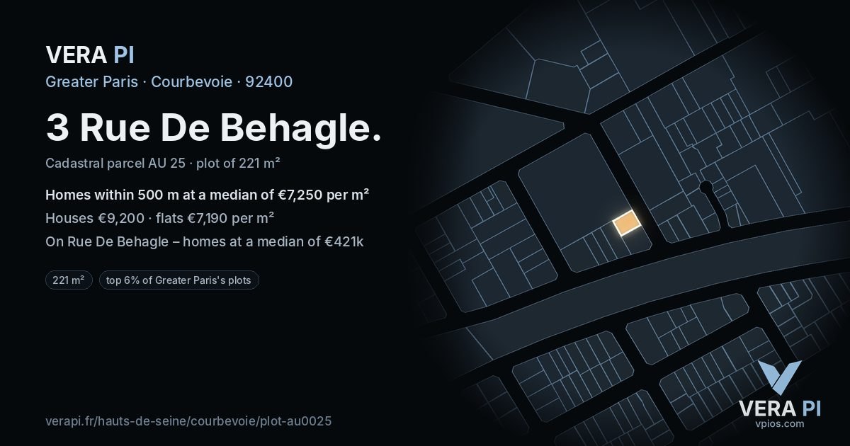 3 Rue De Behagle, Courbevoie at night – the plot lit, the parcels around coloured by the prices near them