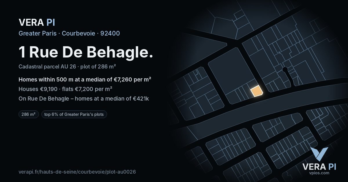 1 Rue De Behagle, Courbevoie at night – the plot lit, the parcels around coloured by the prices near them
