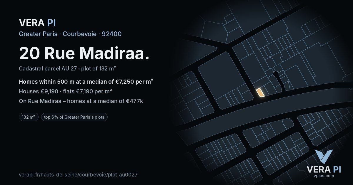 20 Rue Madiraa, Courbevoie at night – the plot lit, the parcels around coloured by the prices near them