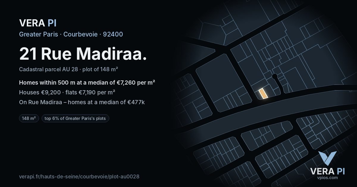 21 Rue Madiraa, Courbevoie at night – the plot lit, the parcels around coloured by the prices near them