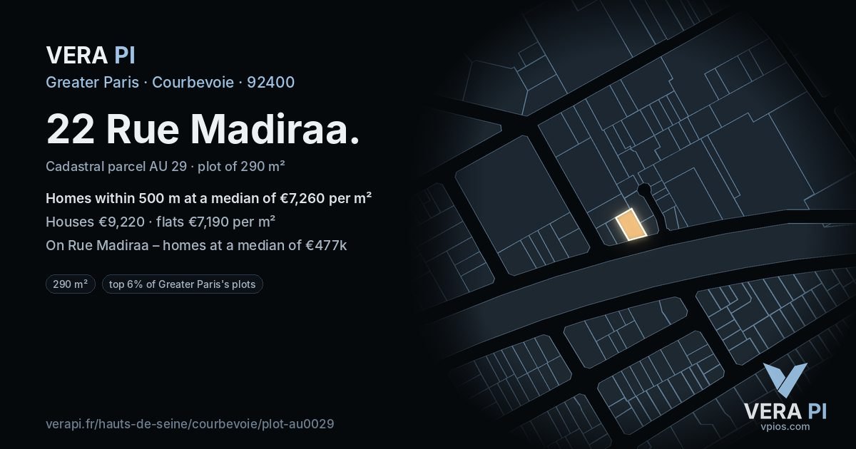 22 Rue Madiraa, Courbevoie at night – the plot lit, the parcels around coloured by the prices near them