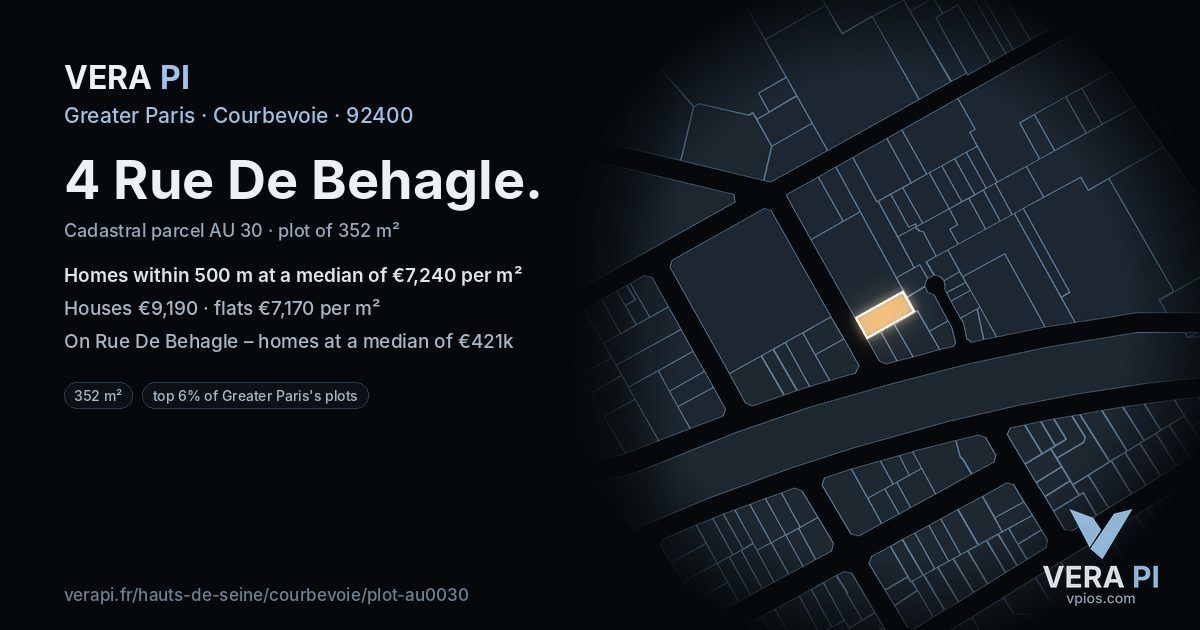 4 Rue De Behagle, Courbevoie at night – the plot lit, the parcels around coloured by the prices near them