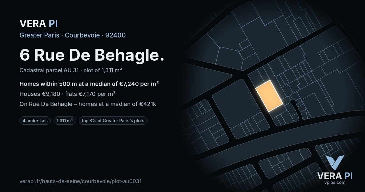 6 Rue De Behagle, Courbevoie at night – the plot lit, the parcels around coloured by the prices near them