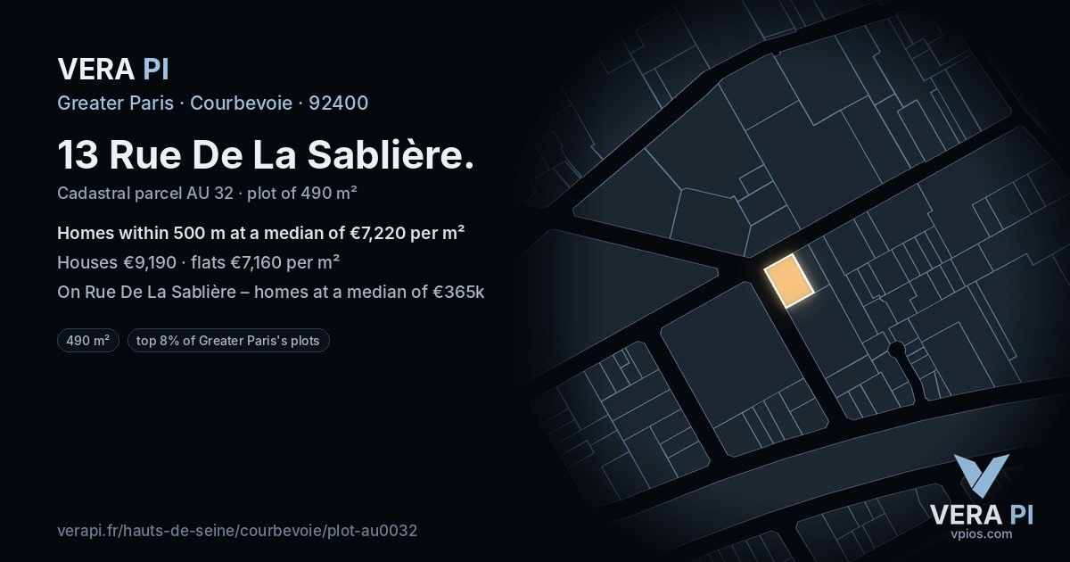 13 Rue De La Sablière, Courbevoie at night – the plot lit, the parcels around coloured by the prices near them