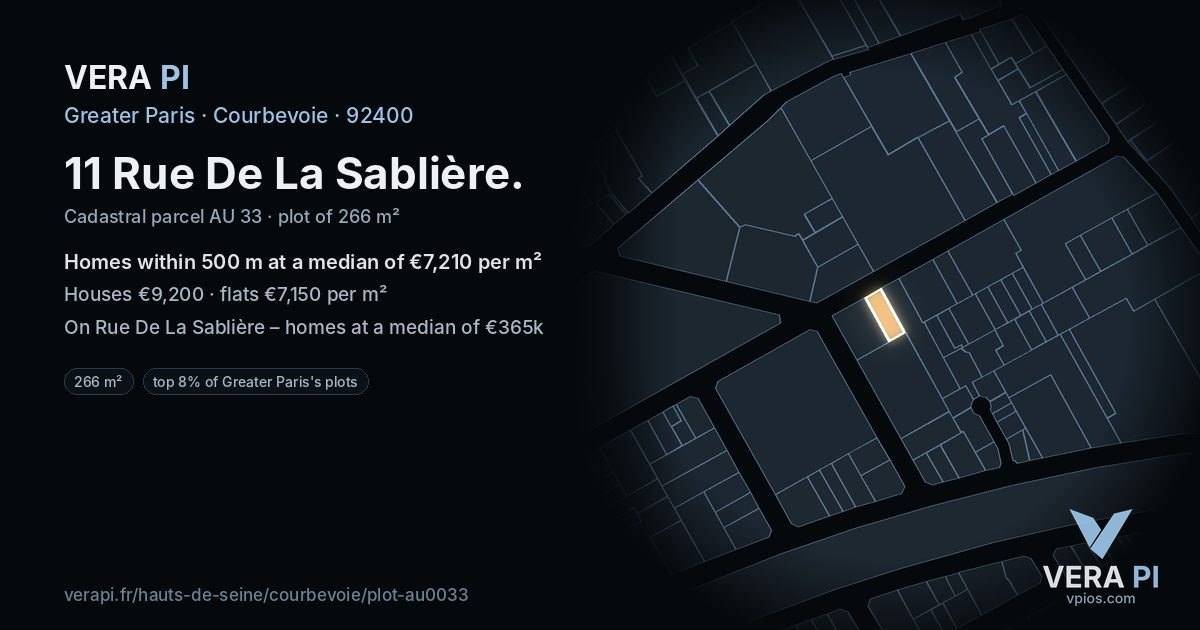 11 Rue De La Sablière, Courbevoie at night – the plot lit, the parcels around coloured by the prices near them