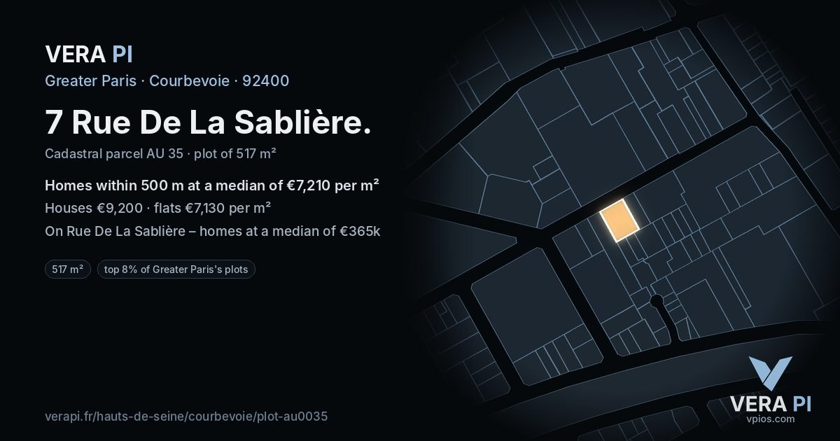 7 Rue De La Sablière, Courbevoie at night – the plot lit, the parcels around coloured by the prices near them