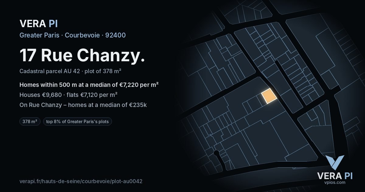 17 Rue Chanzy, Courbevoie at night – the plot lit, the parcels around coloured by the prices near them