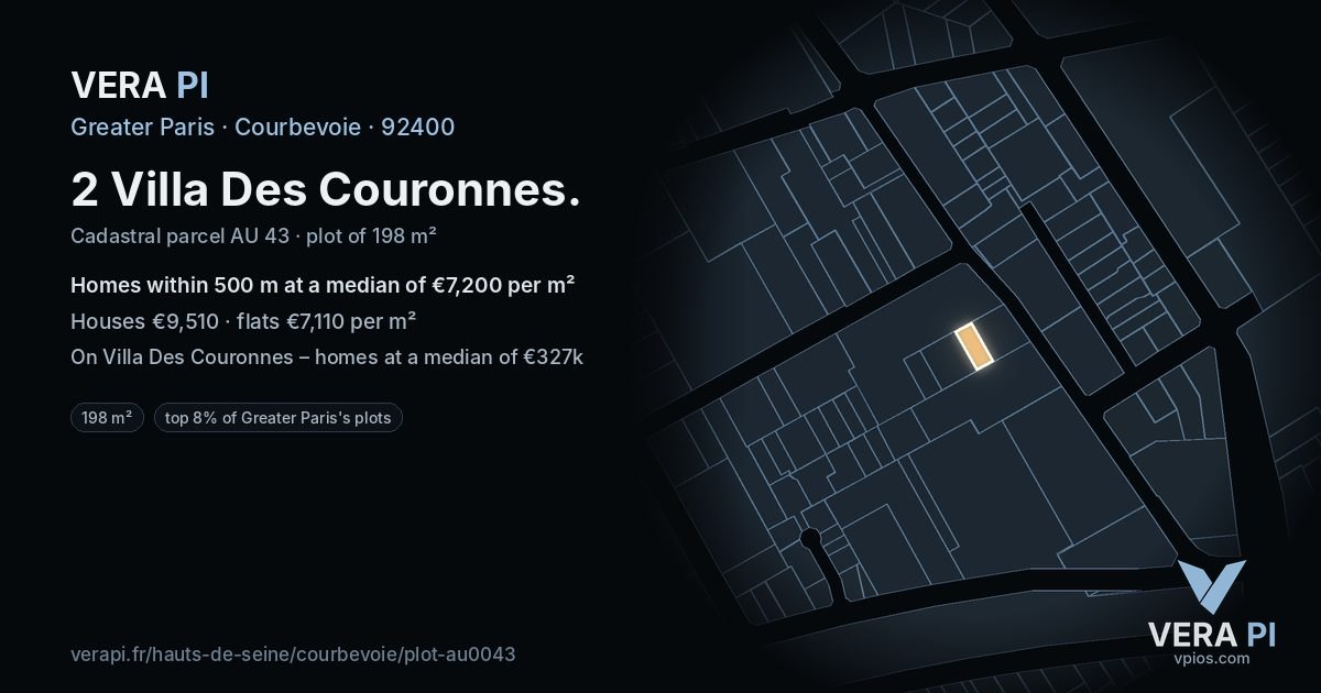 2 Villa Des Couronnes, Courbevoie at night – the plot lit, the parcels around coloured by the prices near them