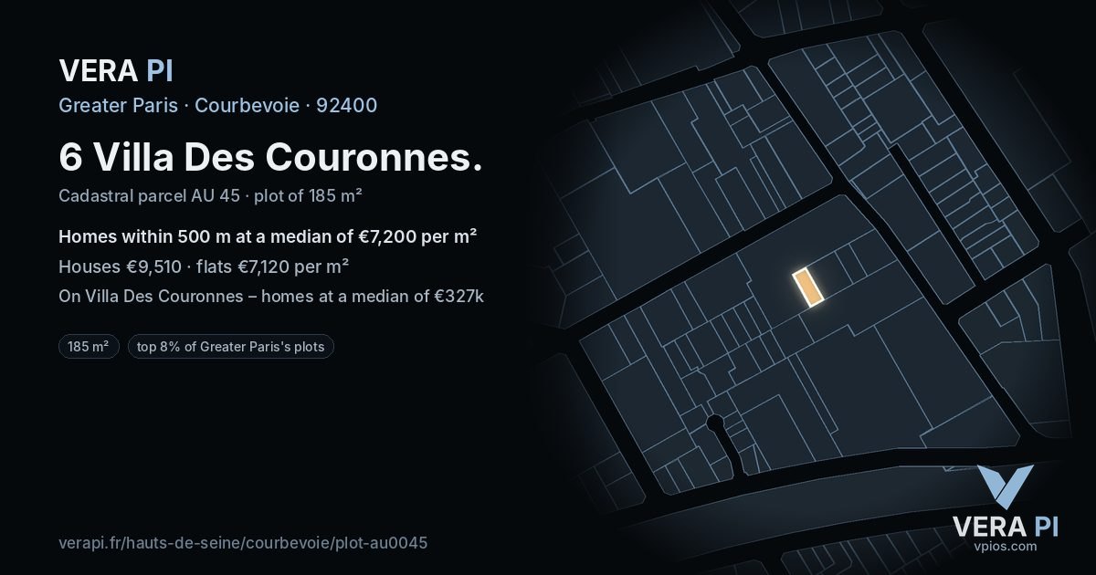 6 Villa Des Couronnes, Courbevoie at night – the plot lit, the parcels around coloured by the prices near them