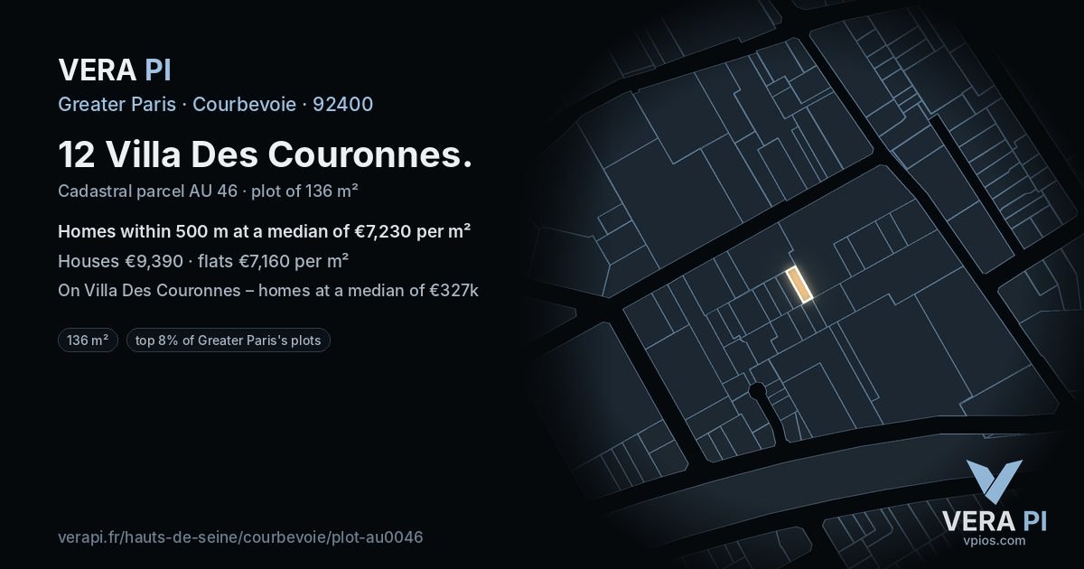 12 Villa Des Couronnes, Courbevoie at night – the plot lit, the parcels around coloured by the prices near them