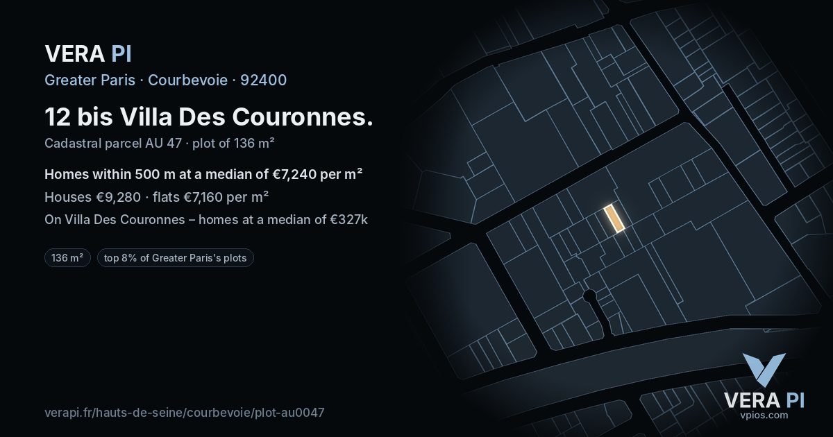 12 bis Villa Des Couronnes, Courbevoie at night – the plot lit, the parcels around coloured by the prices near them