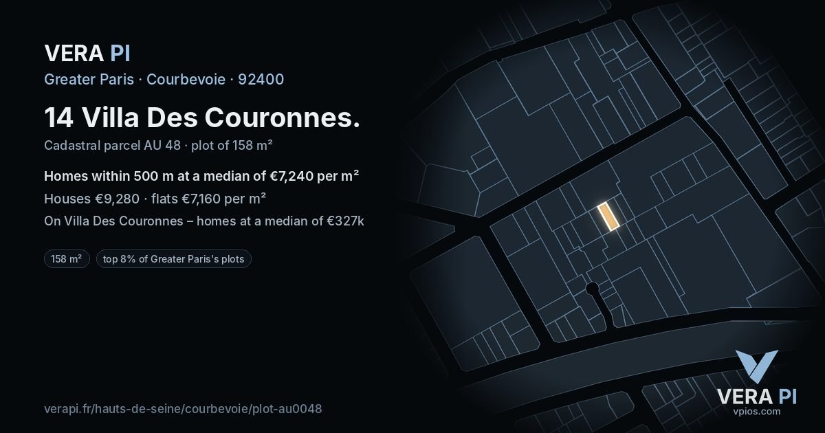 14 Villa Des Couronnes, Courbevoie at night – the plot lit, the parcels around coloured by the prices near them