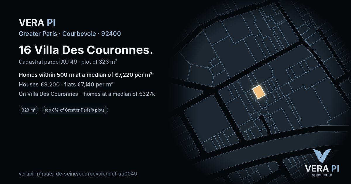 16 Villa Des Couronnes, Courbevoie at night – the plot lit, the parcels around coloured by the prices near them