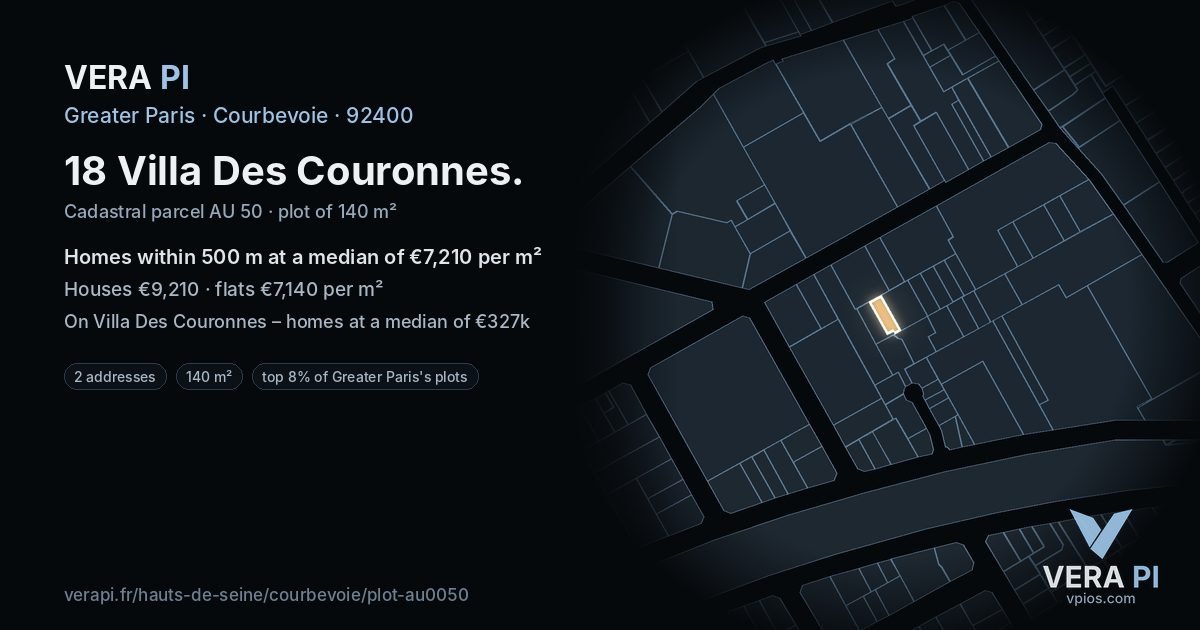 18 Villa Des Couronnes, Courbevoie at night – the plot lit, the parcels around coloured by the prices near them