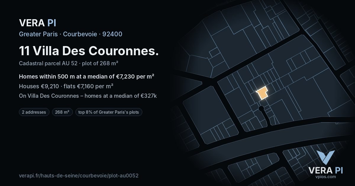 11 Villa Des Couronnes, Courbevoie at night – the plot lit, the parcels around coloured by the prices near them