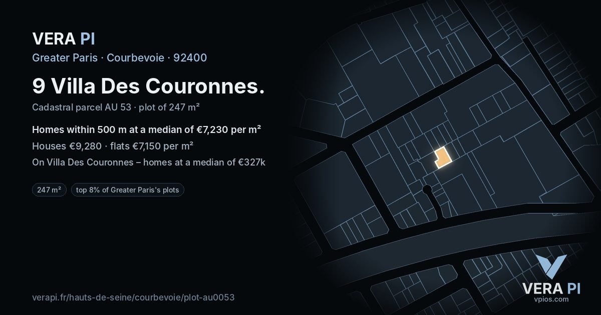9 Villa Des Couronnes, Courbevoie at night – the plot lit, the parcels around coloured by the prices near them
