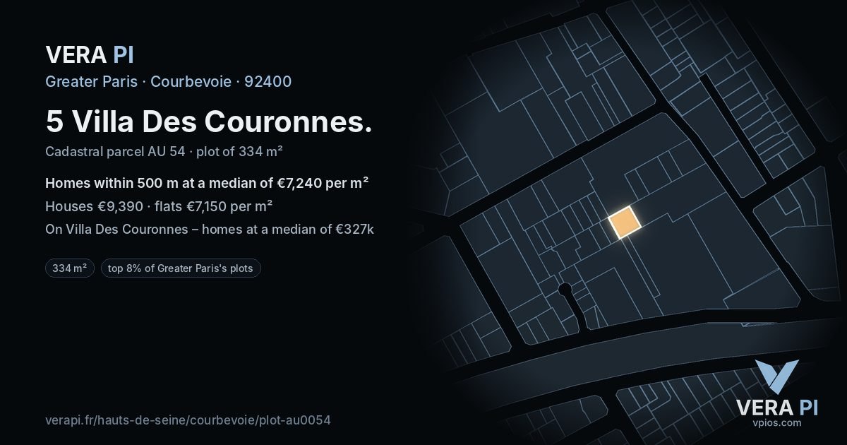 5 Villa Des Couronnes, Courbevoie at night – the plot lit, the parcels around coloured by the prices near them